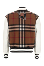 Load image into Gallery viewer, Wool bomber jacket with patches and leather sleeves
