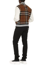 Load image into Gallery viewer, Wool bomber jacket with patches and leather sleeves
