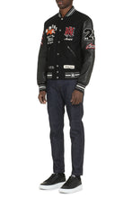 Load image into Gallery viewer, Wool bomber jacket with patches and leather sleeves
