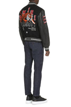 Load image into Gallery viewer, Wool bomber jacket with patches and leather sleeves
