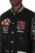 Load image into Gallery viewer, Wool bomber jacket with patches and leather sleeves
